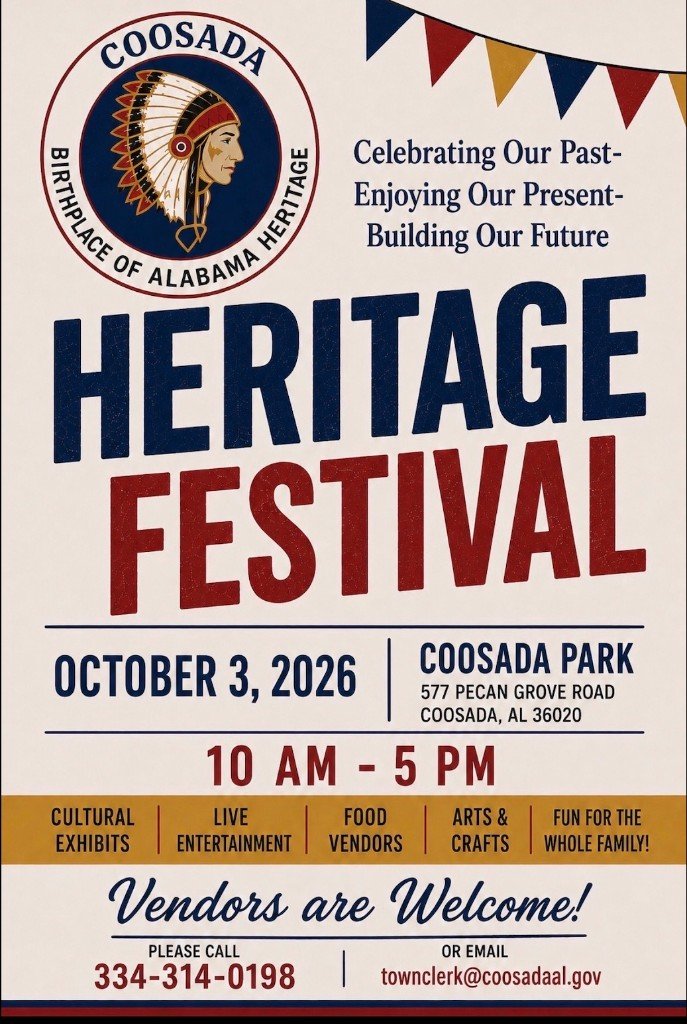 Heritage Festival flyer - October 3, 2026, Coosada Park, 10 AM to 5 PM